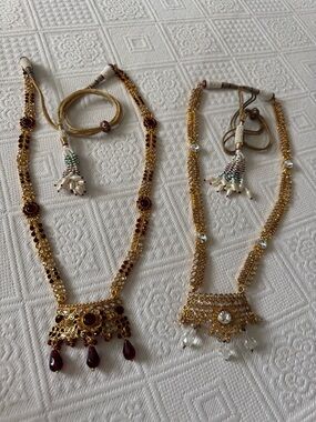 2 Traditional Gold-Tone Red and White Pendant Necklaces